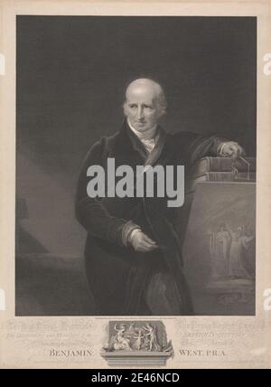 James Fittler, 1758–1835, British, Benjamin West, P.R.A, 1817. Gravure en ligne, gravure et gravure à l'effigie sur papier beige modérément épais, légèrement texturé, avec colé de chine crème. Artiste , arts , bald , livres , cravat , menottes , dédicace (document) , lunettes , illustration , mythologie , peintre , peinture (travail visuel) , portrait , président , relief , robe , ombres , esquisse , velours. West, Benjamin (1738–1820), peintre d'histoire américain actif en Grande-Bretagne Banque D'Images