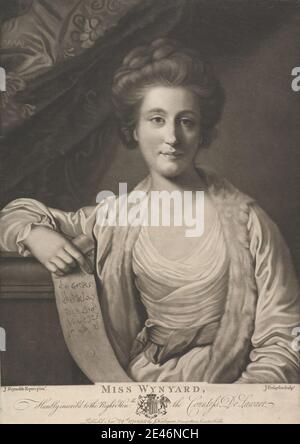 John Finlayson, 1730–1776, British, Miss Wynyard, 1771. Mezzotint sur du papier peint beige modérément épais, légèrement texturé. brocade , drapery , robe , fourrure , regard , main , hébreu , tenue , lettres , piédestal , pointage , portrait , pose , robe , ceinture , tapisserie , écriture (processus). Wynyard, Emily (1752-1832) Banque D'Images