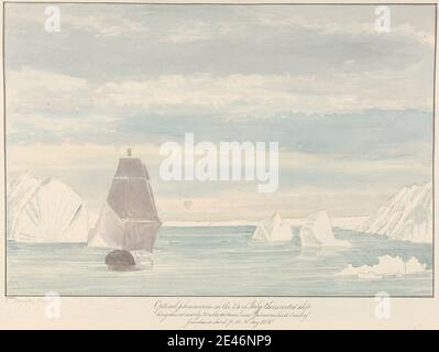 Charles Hamilton Smith, 1776–1859, Belge, phénomène optique d'un navire inversé à l'horizon près de la côte de la terre de Jameson, Groenland, non daté. Aquarelle et graphite sur papier vélin crème modérément épais et modérément texturé. Paysage , art marin Banque D'Images