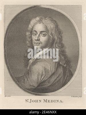 Imprimé réalisé par Thomas Chambars, env. 1724–1789, Britannique, Sir John Medina, non daté. Gravure sur papier vélin beige modérément épais. Artiste , manteau , boucles , regard , homme , ovale , portrait , pose. Medina, sir John Baptiste de (1659-1710), peintre Banque D'Images