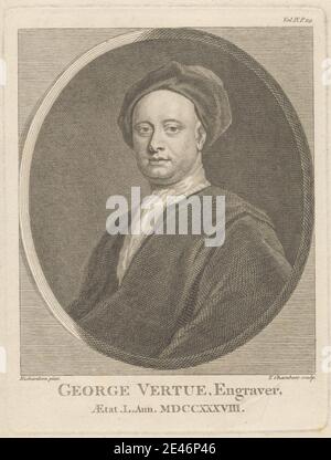 Imprimé réalisé par Thomas Chambars, env. 1724–1789, Britannique, George Vertue, Engraver, non daté. Gravure sur papier beige modérément épais, légèrement texturé. Artiste , chapeau , cravat , graveur (printmaker) , regard , homme , ovale , portrait , pose , peignoirs. Vertue, George (1684–1756), graveur et antiquaire Banque D'Images