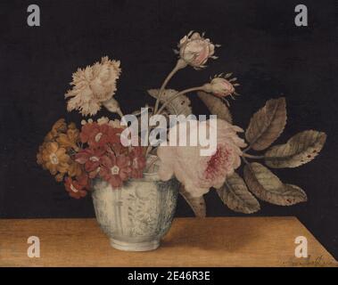 Alexander Marshal, actif 1651–mort 1682, britannique, fleurs dans un pot de Delft, 1663. Huile sur panneau. Noir , sujet botanique , botanique , botanique , œillets , delftware , foi , fleurs (plantes) , insectes , bocal , feuilles , perspective , roses (plante) , science , encore la vie , table , vase Banque D'Images
