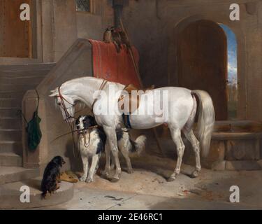 Sir Edwin Henry Landseer, 1802–1873, British, favorites, la propriété de S.A.R. Prince George de Cambridge, 1834 à 1835. Huile sur toile. Animaux , oiseaux , chien (animal) , porte , plumes , faucon , cheval (animal) , chasse , intérieur , propriété , réins , selle , art sportif , escaliers , fouet. Cambridge , Cambridgeshire , Angleterre , Europe , Royaume-Uni , Château de Windsor Banque D'Images