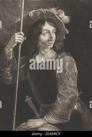 Imprimé de Prince Rupert, 1619–1682, British, The Great Lansquenet, 1658. Mezzotint sur modérément épais, modérément texturé, crème, papier coulé. Capot (chapeau) , collier , poignard , homme , volants Banque D'Images