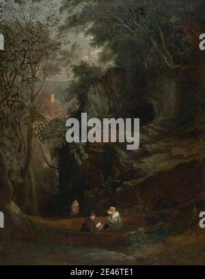 Francis Danby, 1793–1861, Irlandais, Paysage près de Clifton, 1822 à 1823. Huile sur toile. Bonnets (chapeaux) , livre , bâtiment , grotte , forêt , colline , paysage , homme , plantes , lecture , rochers (formes de terrain) , ville , arbres , femmes , bois. Clifton , Clifton gorge , Angleterre , Lancashire , Royaume-Uni Banque D'Images