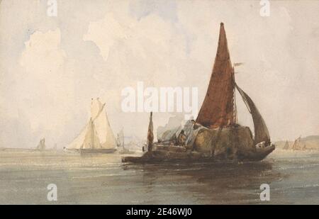 Attribué à Charles Bentley, 1806–1854, britannique, Hay Barge in a Calm Sea, non daté. Aquarelle et graphite sur papier vélin à texture moyenne, crème, légèrement texturée. Barge , bateaux , foin , art marin , voiles , mer Banque D'Images