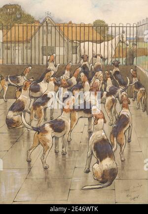 Cecil Charles Windsor Aldin, 1870–1935, britannique, « les Hounds commencèrent soudainement à Howl à Chorus », sans date. Aquarelle, stylo et encre noire, graphite et gouache sur papier moyen, légèrement texturé, beige, vélin. Art animal Banque D'Images