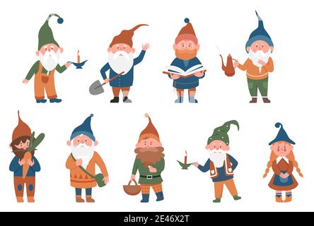 Ensemble d'illustrations vectorielles Gnomes de conte de fées. Dessin animé drôle gnome ou nain mâle femelle personnage de fée debout dans diverses poses, tenant des champignons, travaillant dans le jardin, lecture livre isolé sur blanc Illustration de Vecteur