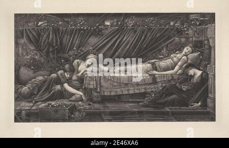 Après Edward Burne-Jones, 1833–1898, British, The Rose Bower, 1892. Photogravure sur papier vélin moyen, légèrement texturé. Lit , boîte , briar , peigne , drapery , fleur (plante) , thème littéraire , miroir , pilier , oreiller , princesse , réflexion , sujet religieux et mythologique , tapis , serviteur , dormir , Belle au sommeil (conte de fées) , thorn , fenêtre , femme Banque D'Images