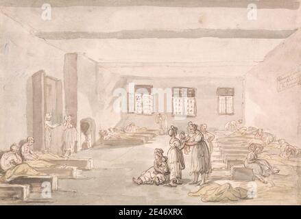 Thomas Rowlandson, 1756–1827, British, Bridewell, The Pass Room, House of correction, non daté. Aquarelle avec stylo et encre rouge-marron et graphite sur moyen, modérément texturé, blanc bleui, papier vélin. Poutres (éléments structurels) , lits (meubles) , couvertures (couvertures) , enfants , institution correctionnelle , portes , intérieur , prison , chambre , fenêtres , femmes. Bridewell prison , Angleterre , Europe , Londres , Royaume-Uni , Westminster Banque D'Images