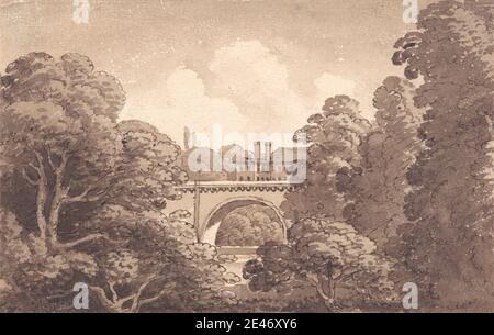 George Heriot, 1766–1844, British, View of a Bridge, 1819. Stylo et encre brune et lavage brun sur papier vélin beige modérément épais, rugueux. Sujet architectural , pont (travaux de construction) , bâtiment , arbres Banque D'Images