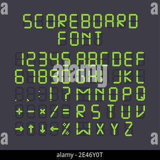 Alphabet vert. Peut être utilisé comme tableau de match sportif, horaire d'aéroport, police de terminal numérique, horloge à indicateur LED, minuteur ou affichage Illustration de Vecteur