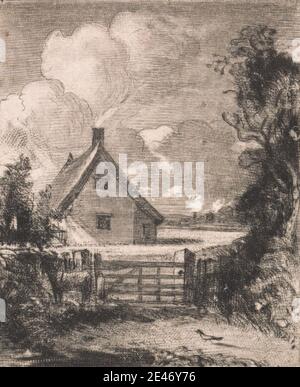 Attribué à David Lucas, 1802–1881, British, Cottage in a Cornfield, 1844. Gravure et roulette sur du papier de vélin crème modérément épais, légèrement texturé. Nuages , cornfield , cottage , porte , cheval (animal) , paysage , poney , arbres , mur. Angleterre , Europe , Royaume-Uni Banque D'Images