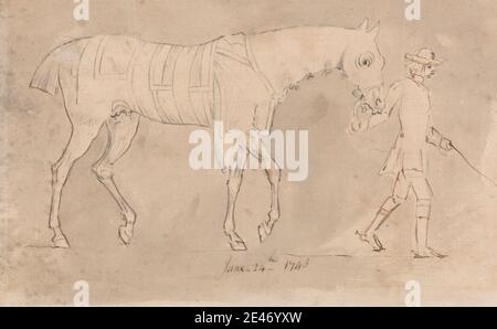 James Seymour, 1702–1752, British, Groom Leading a Racehorse Wearing Hood and Sweaters, 24 juin 1743, 1743. Graphite, stylo, encre brune et gris laver sur du papier moyennement épais, légèrement texturé, crème, paré, beige, paré. Art animal Banque D'Images