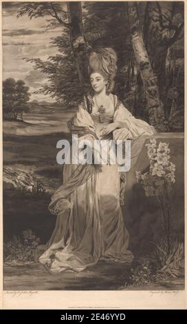 Imprimé par Thomas Watson, 1743–1781, British, Catherine, Lady Bampfylde, 1779. Mezzotint sur papier à la crème, moyennement texturé. etude de figure , lys , pansy , perles , piédestal , arbres , femme Banque D'Images