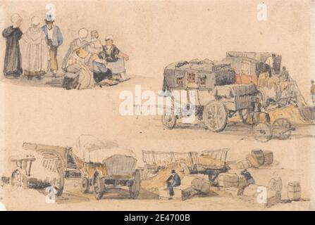 Samuel Prout, 1783–1852, britannique, Etudes des paysans, diligences, et Hay Wagons, non daté. Graphite et aquarelle sur modérément épais, légèrement texturé, beige, papier vélin. Balles , tonneaux , capots , chariots , calaques , couvertures , caisses , étude de figure , genre sujet , foin , wagons de foin , hommes , paysans , grèches , encore la vie , top chapeaux , voyage , wagons , roues , femmes Banque D'Images