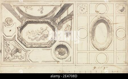 Artiste inconnu, Design pour la décoration d'un escalier, non daté. Stylo et encre brune, lavage gris, et graphite sur papier crème, légèrement texturé, moyen. Animal , sujet architectural , nuages , décorations , dessins , figures (représentations) , escaliers Banque D'Images