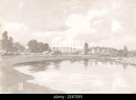 John Glover, 1767–1849, Britannique, sur la rivière Wye avec les ruines du château de Wilton sur un virage dans la rivière, après 1794. L'encre grise et le gris laver sur le graphite sur du papier vélin blanc modérément épais, légèrement texturé, bleui. Bateaux , château , paysage , rivière , berges , arbres. Angleterre , Hereford et Worcester , Herefordshire , Royaume-Uni , Wilton Castle , Wye Banque D'Images