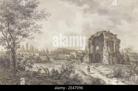 Artiste inconnu, vues dans le Levant: Paysage avec des voyageurs se reposant sous l'arbre, Temple de Minerva, Médicis, Rome, ca. 1740. Stylo, encre brune, lavage gris, lavage brun, et graphite, avec squaring sur papier moyen, légèrement texturé, crème posée. Sujet architectural, genre sujet , Grand Tour , paysage , ruines , voyageurs. Levant , Rome Banque D'Images