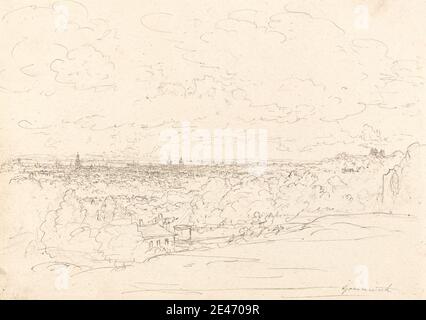 John Glover, 1767–1849, britannique, vue lointaine de Greenwich, non daté. Encre noire sur graphite modérément épais, modérément texturé, papier vélin crème, posé sur le mont. Bâtiments , paysage urbain , dômes , maisons , paysage , arbres. Australie , Angleterre , Grand Londres , Greenwich , Greenwich Park , Océanie , Royal Naval College , Tasmanie , Royaume-Uni Banque D'Images