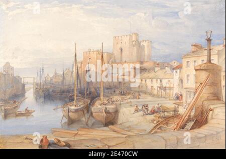 William Leighton Leitch, 1804–1883, British, Castletown Harbour, Isle of Man, non daté. Aquarelle, gouache, et graphite, avec rayure sur papier vélin moyen, légèrement texturé, crème. Pont (travaux de construction) , château , paysage urbain , port , art marin , navires , ville , wagon. Castletown , Europe , Île de Man , Royaume-Uni Banque D'Images