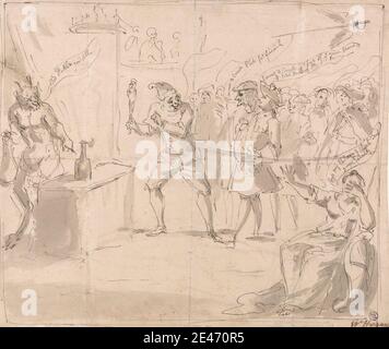 Anthony Walker, 1726–1765, caricature politique britannique : « les spiritualistes », sans date. Lavage gris et stylo et encre grise sur papier de couleur moyenne, légèrement texturé, crème. Bouteilles , caricature , manteaux , bureaux , diable , genre sujet , chapeaux , jesters , hommes , politique , épées , ailes (accessoires de costume) , femmes Banque D'Images