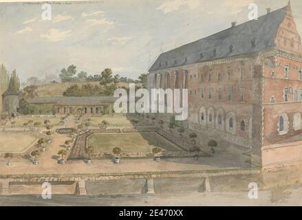 Charles Gore, 1729–1807, Britannique, jardin du Vieux Jones près de Maastricht, entre 1784 et 1794. Aquarelle sur graphite sur papier blanc bleuté, moyennement texturé. Sujet architectural , bâtiment , jardin , Grand Tour , paysage , manoir , parterre , chemins , arbres. Europe , Limbourg , Maastricht , pays-Bas Banque D'Images