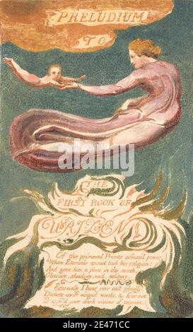 Imprimé de William Blake, 1757–1827, Britannique, le premier livre d'Urizen, planche 2, 'Preludium to the Book of Urizen' (Bentley 2a), 1794. Gravure de relief en couleur marron-orange avec aquarelle sur papier de vélin crème modérément épais, légèrement texturé. Bébé , branches , enfants , flammes , robes , nourrisson , thème littéraire , texte , arbres , femmes Banque D'Images