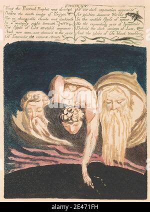 Imprimé par William Blake, 1757–1827, Britannique, le premier Livre d'Urizen, planche 13, «ainsi le Prophète Éternel fut divisé. (Bentley 15), 1794. Peinture de relief imprimée en vert avec aquarelle sur papier de vélin crème modérément épais, légèrement texturé. Barbe , terre , globe , thème littéraire , hommes , nuit , texte Banque D'Images
