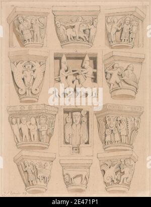 John Sell Cotman, 1782–1842, British, Capitals et A & B Bas-reliefs dans l'église abbatiale Saint Georges de Bochreville, près de Rouen, Normandie, 1818. Savon de graphite et de brun sur papier vélin moyen, lisse, crème. abbaye , sujet architectural , bas-reliefs , capitalisme , capitales , église , chevaux (animaux) , médiéval , monstres. Abbaye Saint-Georges de Boscherville , France , Normandie , Rouen , Saint-Martin de Boscherville Banque D'Images