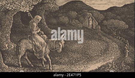 Imprimé par Edward Calvert, 1799–1883, British, The Return Home, 1830. Gravure sur bois modérément épais, lisse, beige feuille de bois. Art animal , âne , fleurs (plantes) , genre sujet , collines , maison , maison , mari , paysage , homme , route , berger , crook de berger , arbres , femme , femme Banque D'Images