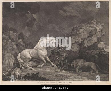 Imprimé par George Stubbs, 1724–1806, British, A Horse Affrighted by a Lion, 1777. Gravure et gravure de lignes sur du papier à la crème, légèrement texturé, de taille moyenne. Effrayé , cheval (animal) , lion , rochers (formes de terrain) Banque D'Images