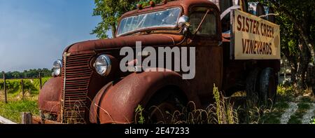 Old Rusty Farm Truck at Winery, Sisterdale, Texas, États-Unis Banque D'Images