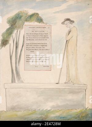 William Blake, 1757–1827, British, The Poems of Thomas Gray, Design 115, 'Elegy Written in a Country Church-Yard.', entre 1797 et 1798. Aquarelle avec stylo et encre noire et graphite sur papier vélin légèrement épais et légèrement texturé avec page de typographie incrustée. Anges , nuages , herbe , chapeau , feuille , thème littéraire , homme , sujet religieux et mythologique , sarcophage , ciel , personnel (bâton de marche) , texte , tombe , arbre , bâtons de marche , femmes Banque D'Images