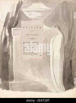 William Blake, 1757–1827, British, The Poems of Thomas Gray, Design 103, 'Epitaph on Mrs Clarke.', entre 1797 et 1798. Aquarelle avec stylo et encre noire et graphite sur papier vélin modérément épais, légèrement texturé, crème avec page de typographie incrustée. Livre , bougie , chaise , cheminée , fille , robe , tombe , coeur , thème littéraire , homme , manteau , monument , deuil , obélisque , assis , texte , tombe , tombe , urne Banque D'Images