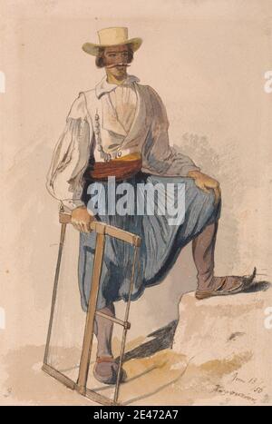 Edward Lear, 1812–1888, British, Greek Woodcutter, 13 /56 juin 1856. Aquarelle avec stylo à encre brune sur graphite sur papier vélin beige modérément épais, modérément texturé. Boutons (attaches) , genre sujet , chapeau , homme , pantalon , portrait , chemise , coupe-bois (bûcherons) Banque D'Images