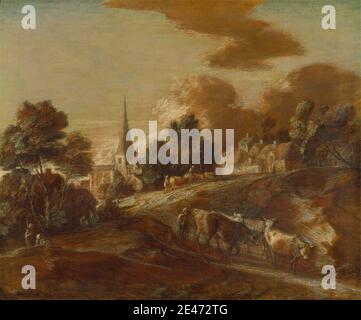 Thomas Gainsborough RA, 1727–1788, British, un village boisé imaginaire avec des drovers et des bovins, entre 1771 et 1772. Huile et milieux mixtes sur papier sur toile. Bétail , vaches , paysage , orange , route , flèche , village Banque D'Images