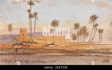 Edward Lear, 1812–1888, Britannique, près de Wady Halfeh, 1867. Aquarelle, graphite, stylo et encre brune sur papier vélin moyen, légèrement texturé, beige. Sujet architectural , lac , paysage , palmiers , rivière , sable , ciel , structure (travail simple). Afrique , Lac Nasser , Soudan , Wadi Halfa Banque D'Images