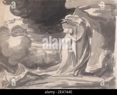 George Romney, 1734–1802, British, Miranda, Prospero, et Caliban : The Tempest, sans date. Gris laver sur graphite sur papier de couleur moyenne, légèrement texturé, crème. cape , manteau , nuages , robe , étude de figure , voler , thème littéraire , hommes , jouer , le Tempest, jouer par William Shakespeare , théâtre , vagues (événements naturels) , femme. Prospero (personnage dans le Tempest) Miranda (personnage dans le Tempest) Shakespeare, William (1564–1616), dramaturge et poète Banque D'Images