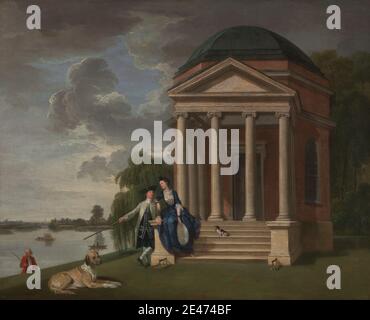 Johan Joseph Zoffany RA, 1733–1810, allemand, actif en Grande-Bretagne (à partir de 1760), David Garrick et sa femme par son Temple à Shakespeare, Hampton, ca. 1762. Huile sur toile. Acteur , sujet architectural , scrapers , maison de campagne , chiens (animaux) , jardin , thème littéraire , portrait , propriétaire , statue , temple , villa. Angleterre , Europe , Grand Londres , Hampton , Thames , Royaume-Uni. Garrick, David (1717–1779), comédien et dramaturge Garrick [née Veigel], Eva Maria [nom de la scène Violette] (1724–1822), danseuse, Shakespeare, William (1564–1616), dramaturge et poète Banque D'Images