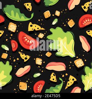 Motif sans couture des ingrédients de la salade César, légumes épars sur fond noir, motif pour impression sur tissu, papier peint et papier Illustration de Vecteur