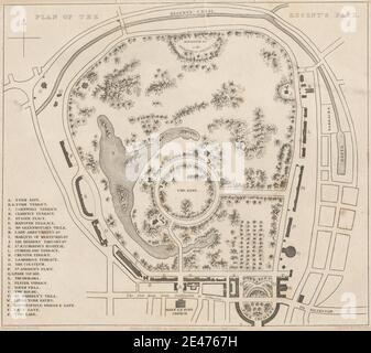 Imprimé par John Cleghorn, active 1840–1881, British, Plan of the Regent's Park, 1827. Gravure sur papier beige modérément épais, légèrement texturé. Sujet architectural , bâtiments , église , églises , cercle , clé , carte , parc (terrain) , plan (dessin) , plantes , étang , anneau , routes , zoo. Cité de Westminster , Angleterre , Grand Londres , Marylebone , Eglise paroissiale St Marylebone , The Regent's Park , Royaume-Uni Banque D'Images