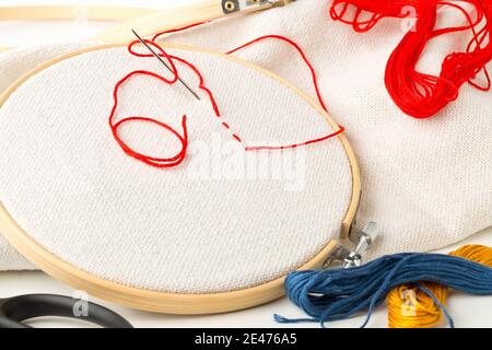 Monture à coutures rondes ou à broderie avec coutures rouges et outils de couture, mise au point sélective Banque D'Images
