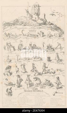 Imprimé par Alfred Henry Forrester, 1804–1872, British, Why... Parce que..., non daté. Lithographie sur du papier de wove modérément épais, lisse et beige. Anvils , cloches , oiseaux , bougies , couronnes , dés , canards , genre sujet , fusils , marteaux , illustrations , insectes , clés , hommes , satire , serpents , sphinx , épée , outils , arrosoir Banque D'Images