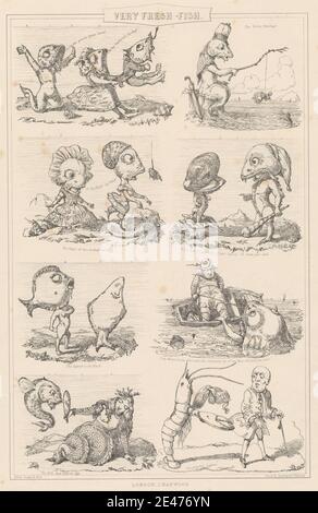 Imprimé réalisé par Alfred Henry Forrester, 1804–1872, British, très Fresh Fish, non daté. Lithographie sur papier vélin beige modérément épais. Mendicité , bateau , club , corail , robes , yeux , poisson , pêche , genre sujet , crochet , lèvres , homard , hommes , sirène , océan , coquille d'huître , pleurer , rochers (formes landeuses) , marins , satire , coquillages , parler Banque D'Images