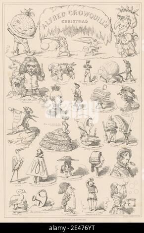 Imprimé réalisé par Alfred Henry Forrester, 1804–1872, British, Alfred Crowquill's Christmas, non daté. Lithographie sur papier vélin beige modérément épais. Animaux , balais , caricature , chassant , Noël , couronnes , tasses , fleurs (plantes) , fourchettes , genre sujet , gestuelle , chapeaux , illustrations , rire , hommes , papier , jouer , poser , satire , signes , jupes , cuillères , outils , perruques , femmes Banque D'Images