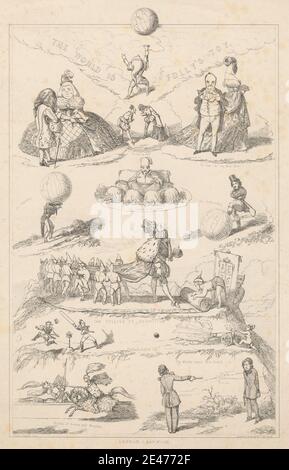Imprimé réalisé par Alfred Henry Forrester, 1804–1872, British, The World is Folly's Toy, non daté. Lithographie sur papier vélin beige modérément épais. Balles , lits , canons , capes , couronnes , folie , genre sujet , globes , globes , fusils , casques , chevaux (animaux) , illustration , joute , rois , chevaliers , lances , nobles , reines , satire , Serviteurs , jouet , guerres , monde Banque D'Images