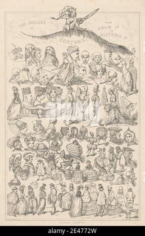 Imprimé par Alfred Henry Forrester, 1804–1872, British, The Follies of Costume, non daté. Lithographie sur du papier vélin beige modérément épais. Bonnets , capes , casquettes , manteaux , costume , robe , plumes , genre sujet , cheveux , chapeaux , illustrations , vestes , feuilles , cheveux longs , hommes , satire , ciseaux , perruques , femmes Banque D'Images