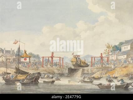 William Alexander, 1767–1816, Britannique, Barges de l'ambassade étant élevés d'un canal à l'autre sur leur chemin de Han-Tcheou-Foo à Tchu-San, 16 novembre 1793, 1793. Aquarelle et graphite sur papier vélin moyen, légèrement texturé, crème. Barges , bateaux , bâtiments , canal , architecture chinoise , paysage urbain , foule , ambassade , drapeaux , genre sujet , maisons , voyage , junks , paysage , hommes , montagnes , pavillon (structure de jardin) , rivière , sampans , marins , voyage. Asie , Chine , Ningbo , Zhejiang Banque D'Images