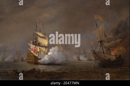 Willem van de Velde le plus jeune, 1633–1707, néerlandais, actif en Grande-Bretagne (à partir de 1672), bataille de la mer des guerres anglo-hollandaises, ca. 1700. Huile sur toile. Bataille , bateaux , Néerlandais , Anglais , drapeaux , bateau , art marin , hommes de guerre , art militaire , marine , mer , paysage marin , navires , naufrages , fumée , guerre . Lowestoft , pays-Bas , Suffolk , Texel Banque D'Images
